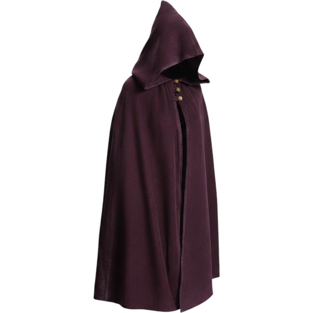 Plum Purple Hooded Cloak Medieval Renaissance Costume Cape Gold Buttons Witch